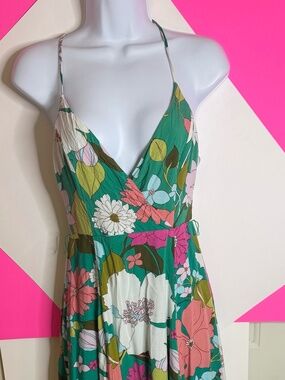 Lulus Green Floral Midi Dress XS Criss Cross Back Side Slit